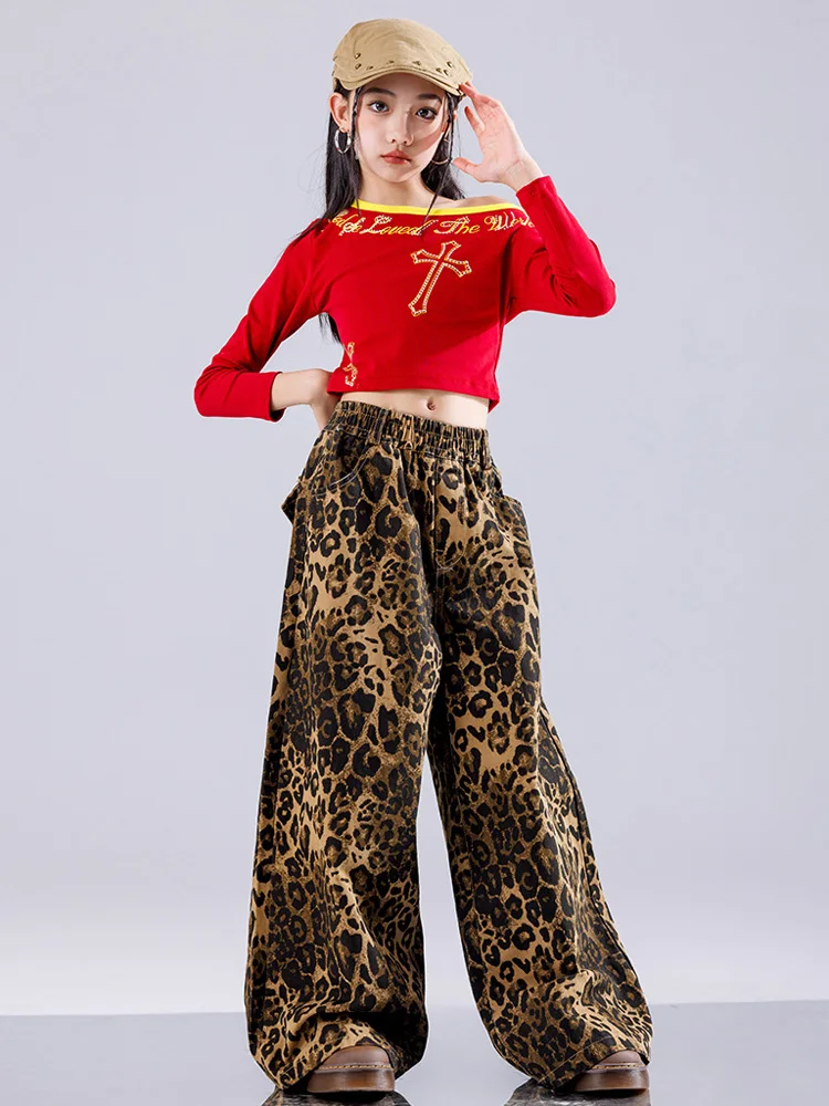 Girls K-pop Crop Top Camouflage Cargo Pants Girl Group Clothes Kid Jazz Street Dance Leopard Slacks Child Hip Hop Streetwear Set