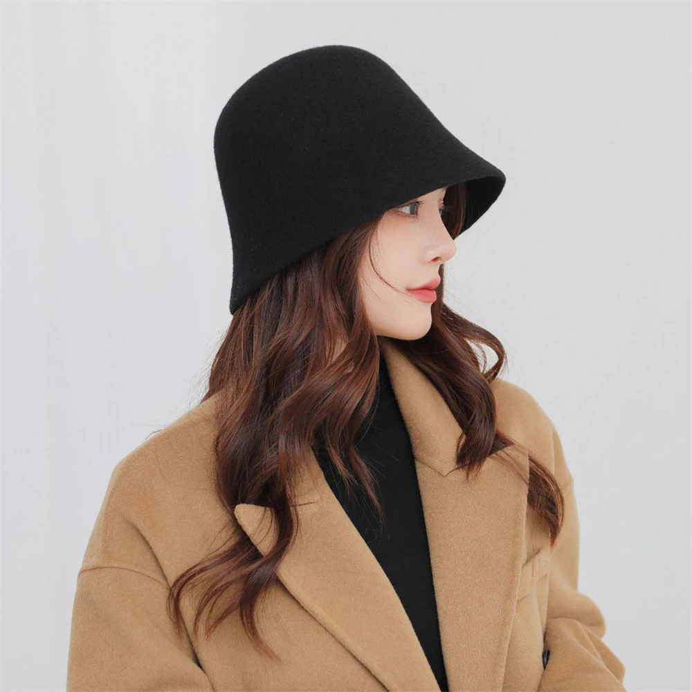 Solid Color Cloche Hat Women Fisherman Cap Basin Cap Bucket Hat Felt Foldable Panama Hat for Winter Daily Wear Morning Workout