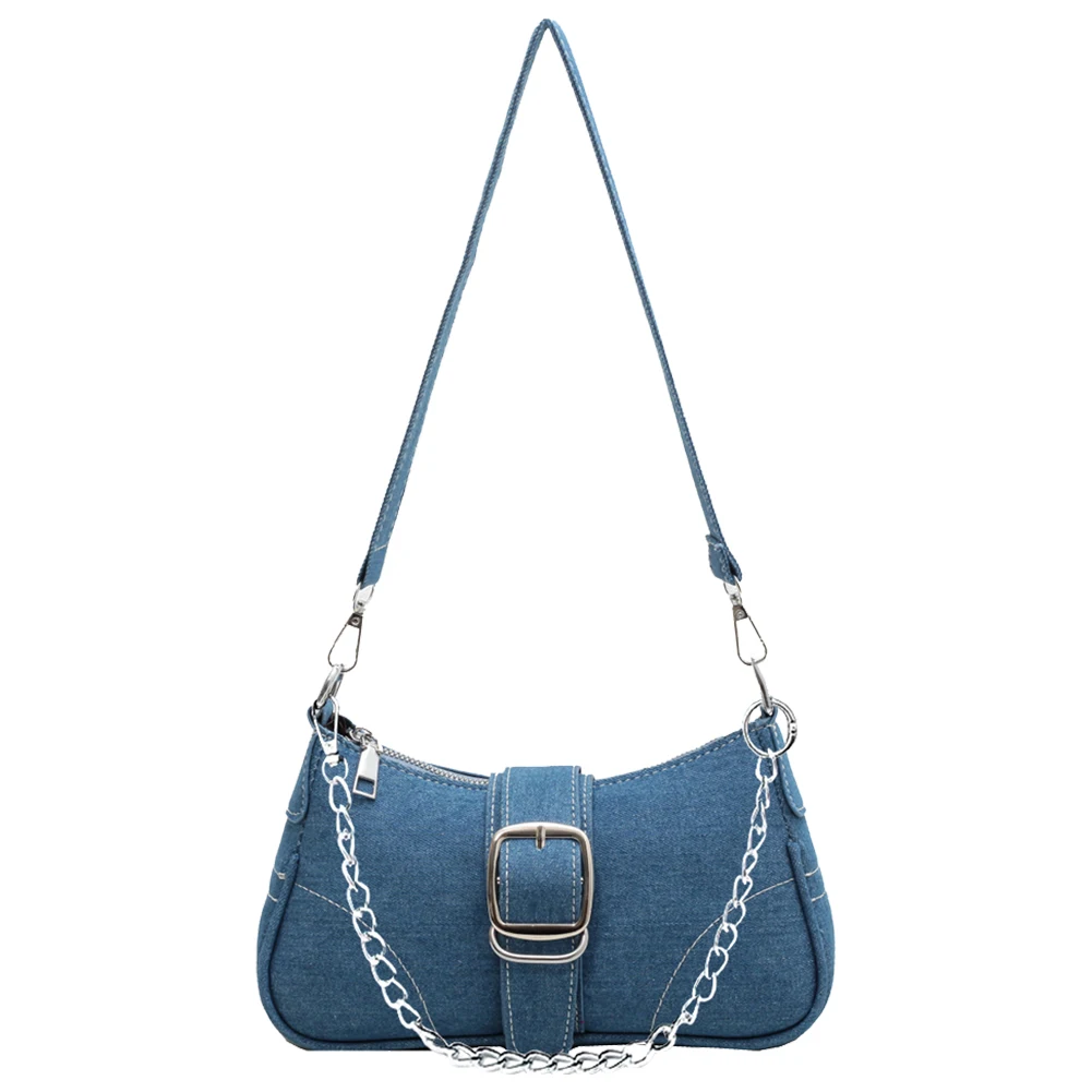 Women Denim Shoulder Bag Buckle Decor Retro Tote Handbag Fashion Denim Underarm Bag Casual Evening Satchel Bag