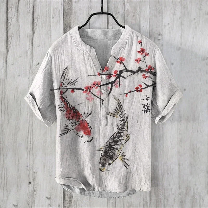 

New style ink cherry blossom carp 3D print stand collar short sleeve shirt foreign trade fashion casual loose bamboo linen shirt