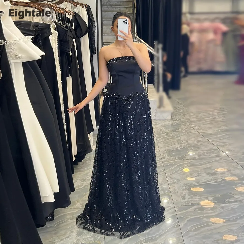 

Eightale Arabic Evening Dress Strapless Customized Sequin Black Muslim A-Line Prom Wedding Party Gowns