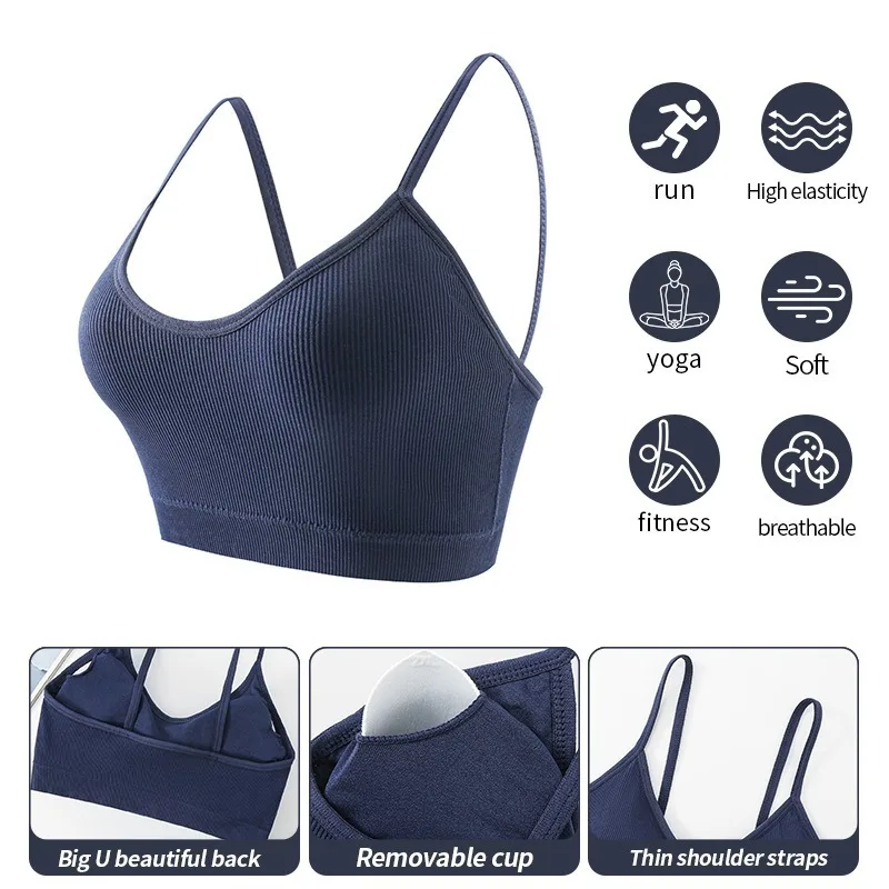 Women's Thin Strap Sports Bra Large Size Seamless Yoga Top Removable Pads Workout Running Gym Bralette