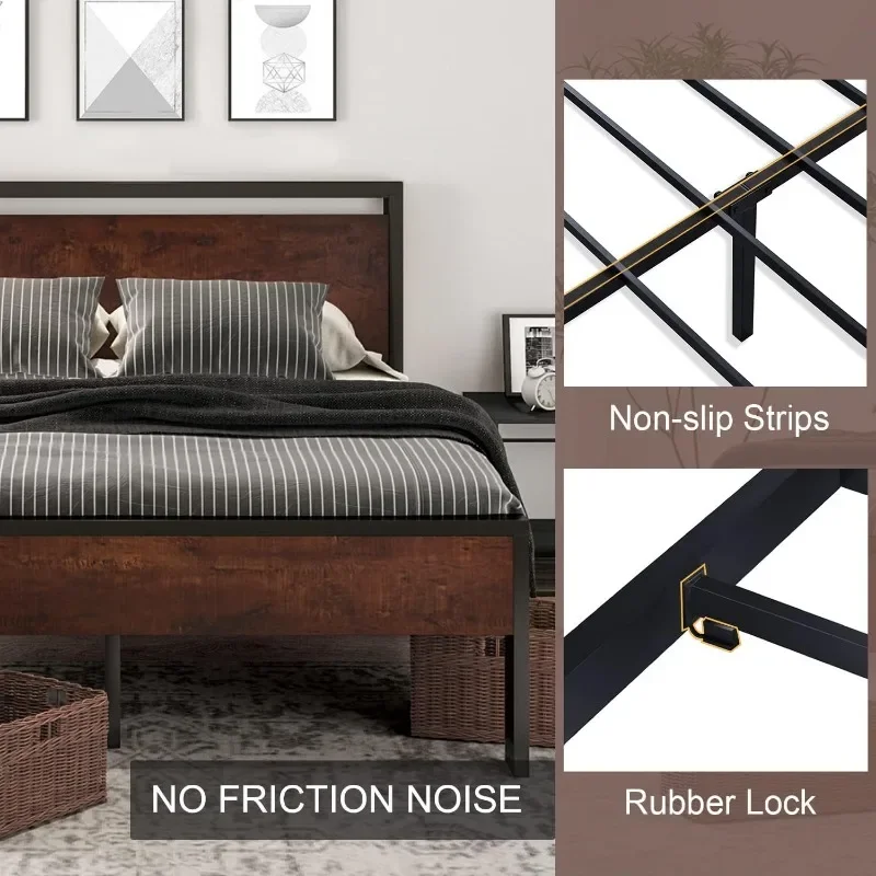 Plataforma de metal Cama Frame com Cabeceira De Madeira e Footboard, Fundação Colchão, King Size, No Box Spring Needed