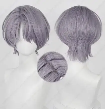 Perucas sintéticas resistentes ao calor, peruca cosplay, cinza, roxo, cabelo curto, couro cabeludo, 30cm