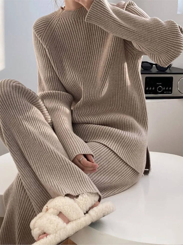 Setelan Sweater rajut wanita, dua potong Sweater rajut kaki lebar pinggang tinggi, celana lurus Harajuku pakaian musim semi musim gugur