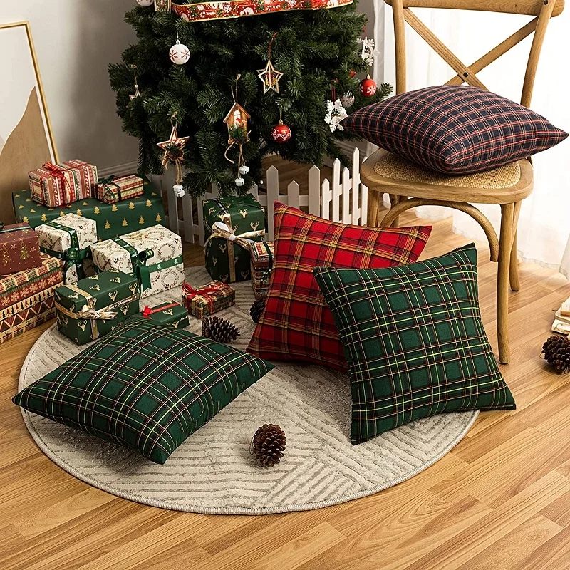 1/2 Stück weihnachtlicher karierter dekorativer Kissenbezug, schottischer Tartan-Kissenbezug für Bauernhaus, Heimdekoration, grün, rot, 30 x 50 cm – Detail 5