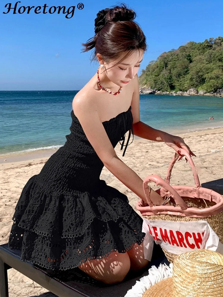 Horetong vestido sem alças, múltiplas camadas, bordado, babados, cintura alta, elástico, mini vestidos femininos, vestido de férias de verão