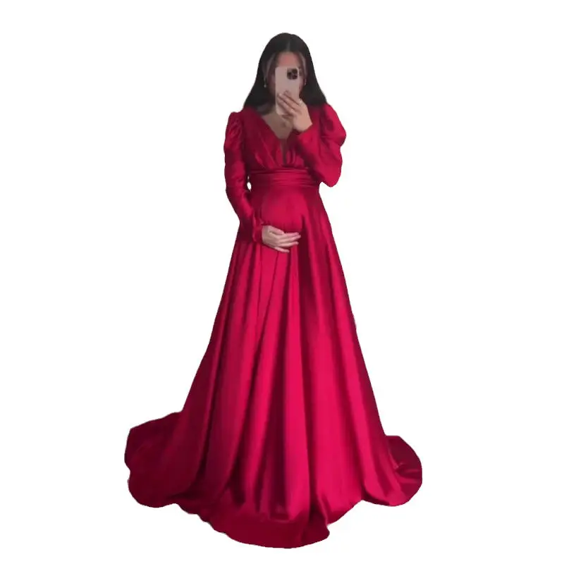 A-Line Sexy V-Neck Prom Gowns Satin Occasion Dress Long Sleeves Robe De Soirée Women Elegant Pregnant Evening Party Dress