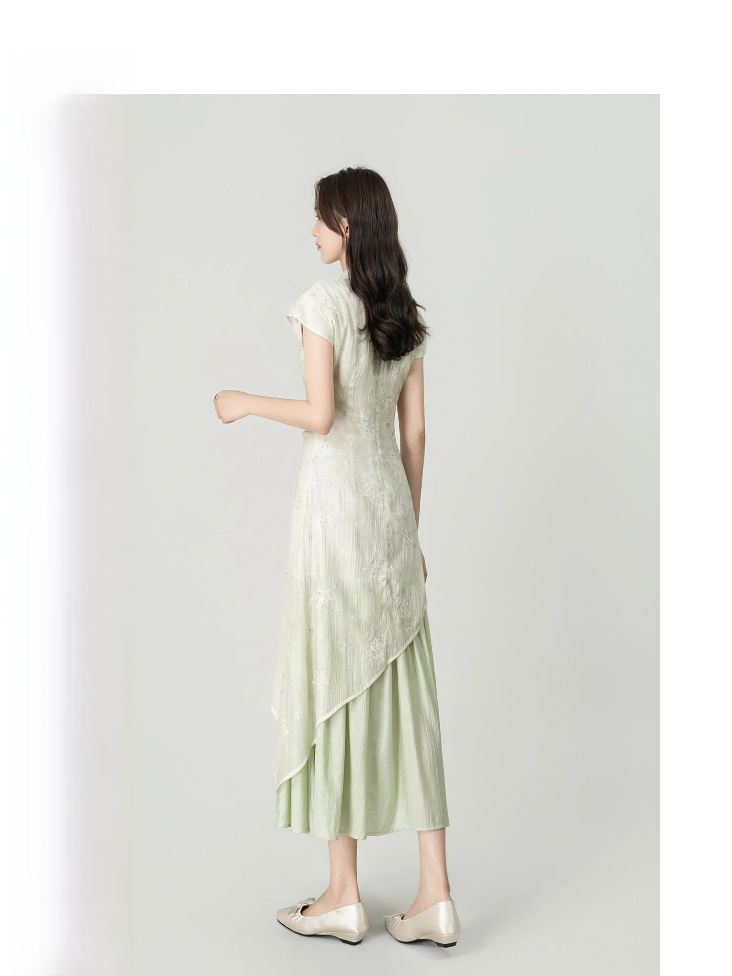 

Elegant New Chinese Style Wave Egg Floral Print Qipao Dress Women's Summer Waist Cinched Long Skirt A-Line Dress for Ladies