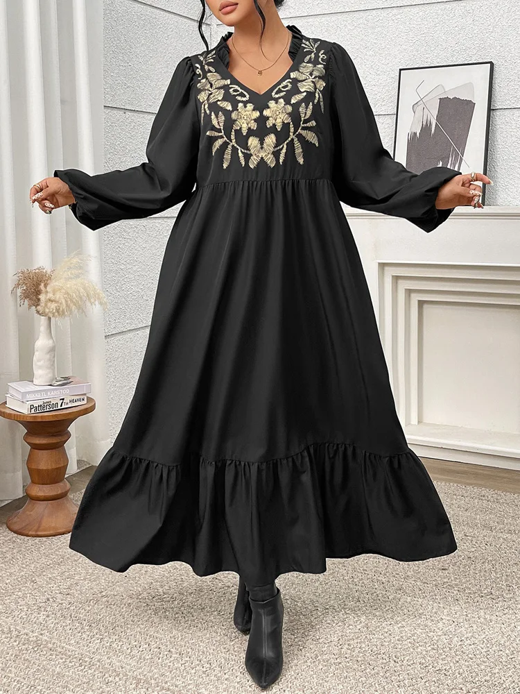 GIBSIE Plus Größe Vintage Stickerei V-ausschnitt Laterne Hülse Rüschen Saum Kleid Frauen 2025, Herbst Schwarz Casual Lose Maxi Langes Kleid