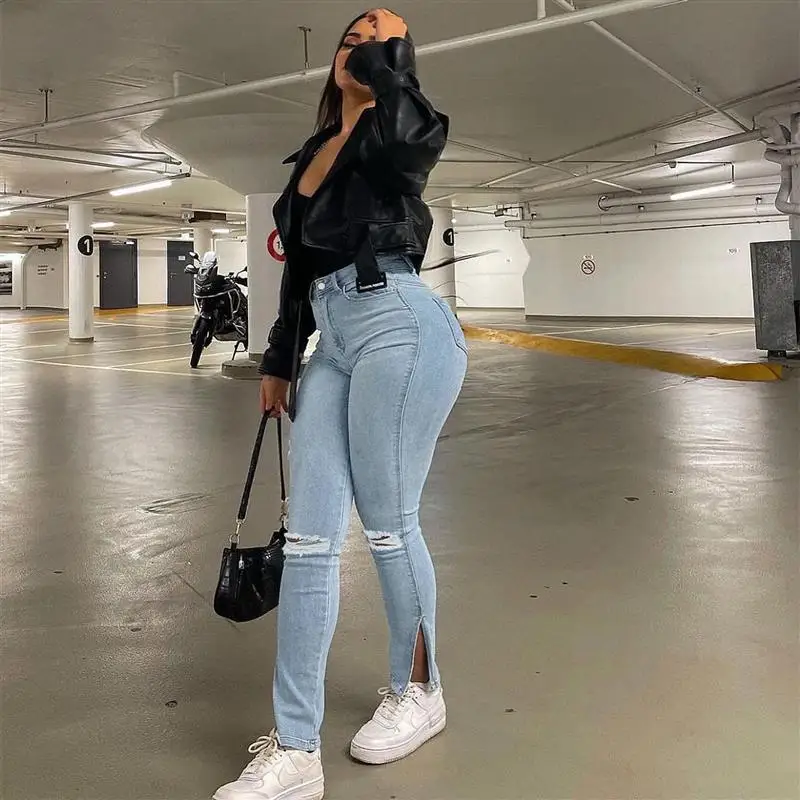 Traceable Denim Jeans Wish Crossed Cuffed Summer New Style Jeans Long Pants Women's Fashion Ripped Ankle-Length Blue Jeans