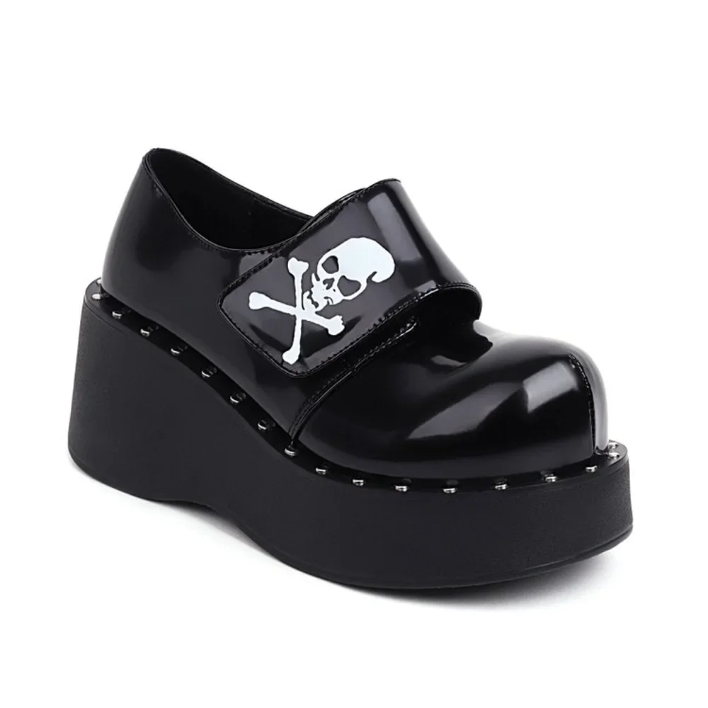 

Women Lolita Rivet Belt Skull Decor Round Toe Sandals Shoes Platform Wedge High Heel Creepers Japanese Harajuku Dark Plus Size