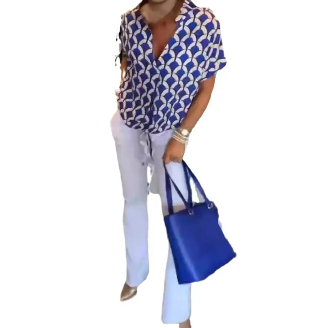 Damska koszulka z nadrukiem, do pracy, sportowa, z poliestru, wzór w romby, damska koszulka z kołnierzykiem, codzienna, modna, letnia koszulka.