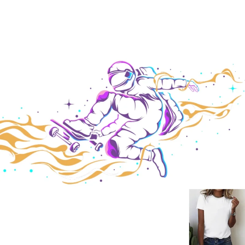 Trendy Astronaut Skateboarding with Flame Pattern Heat Transfer White Ink Iron - on Decal, Suitable for T - Shirts/Canvas Bags