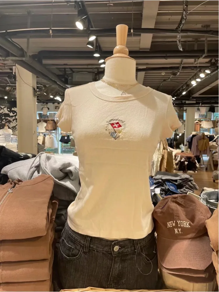 Casual Women Soft Cotton O Neck Swiss Flag Embroidered Tees 2022 Summer Fashion Ladies Casual  Female Short Sleeves  Top