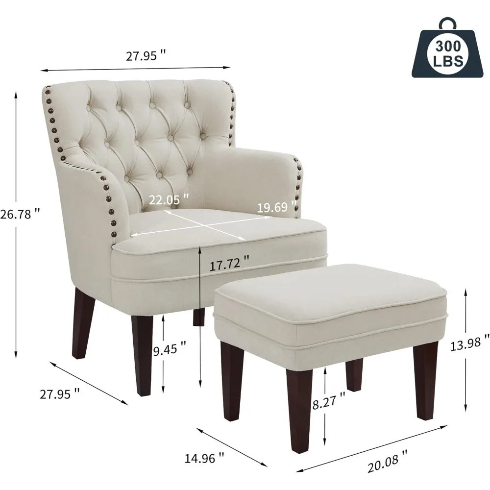 Tufted Beige Accent Chair with Ottoman and Vintage Brass Studs - For Living Room, Bedroom, Reception Room