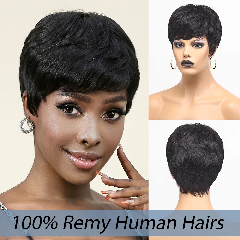 Short 100% Remy Human Hair Wigs Pixie Cut Straight Black Dark Layered Hair for Black Women Afro Machine Made Cheap Wig Daily Use