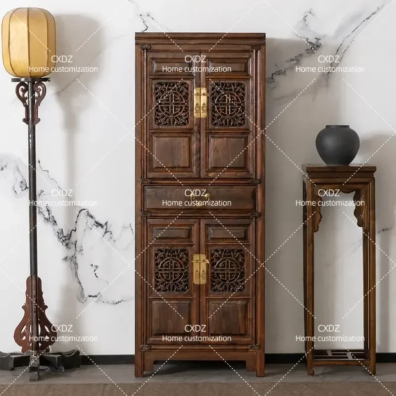 Chinese Traditional Carved Solid Wood Bookcase Classical Living Room Storage Side Cabinet Study Elm Vertical Cabinet Retro