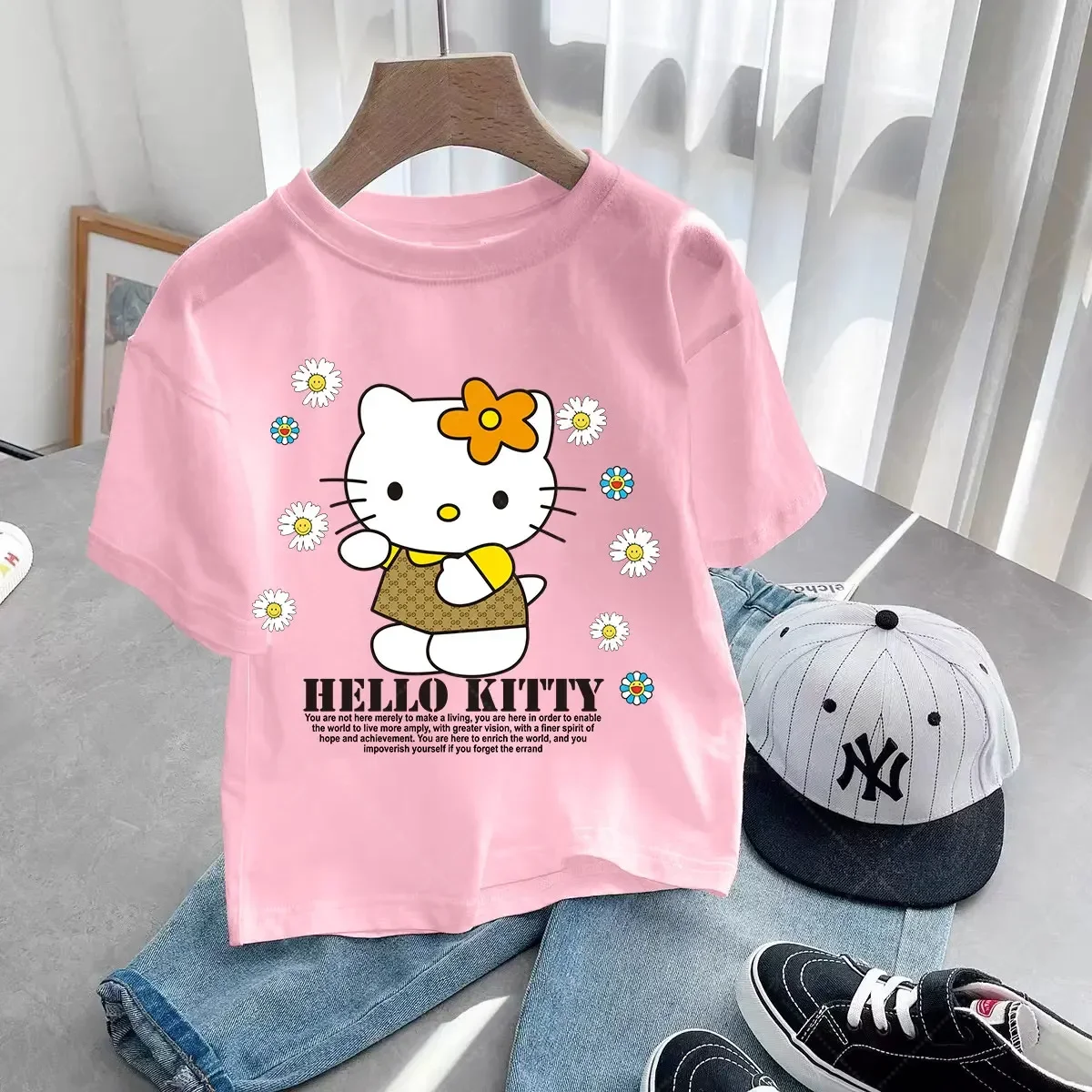 

Детская футболка с изображением цветов Hello Kitty Kawaii Sanrio Kuromi Melody Anime Y2k, мультяшная Детская уличная одежда для девочек и мальчиков, повседневная одежда