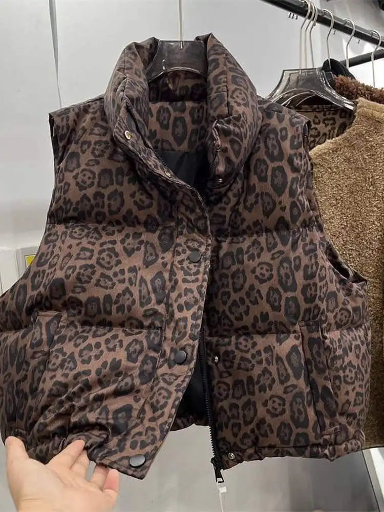 Fall Winter New Style Thickened Warmth Leopard Print down Cotton Vest Short Collar Fashion Loose Outerwear Tank Top for Women