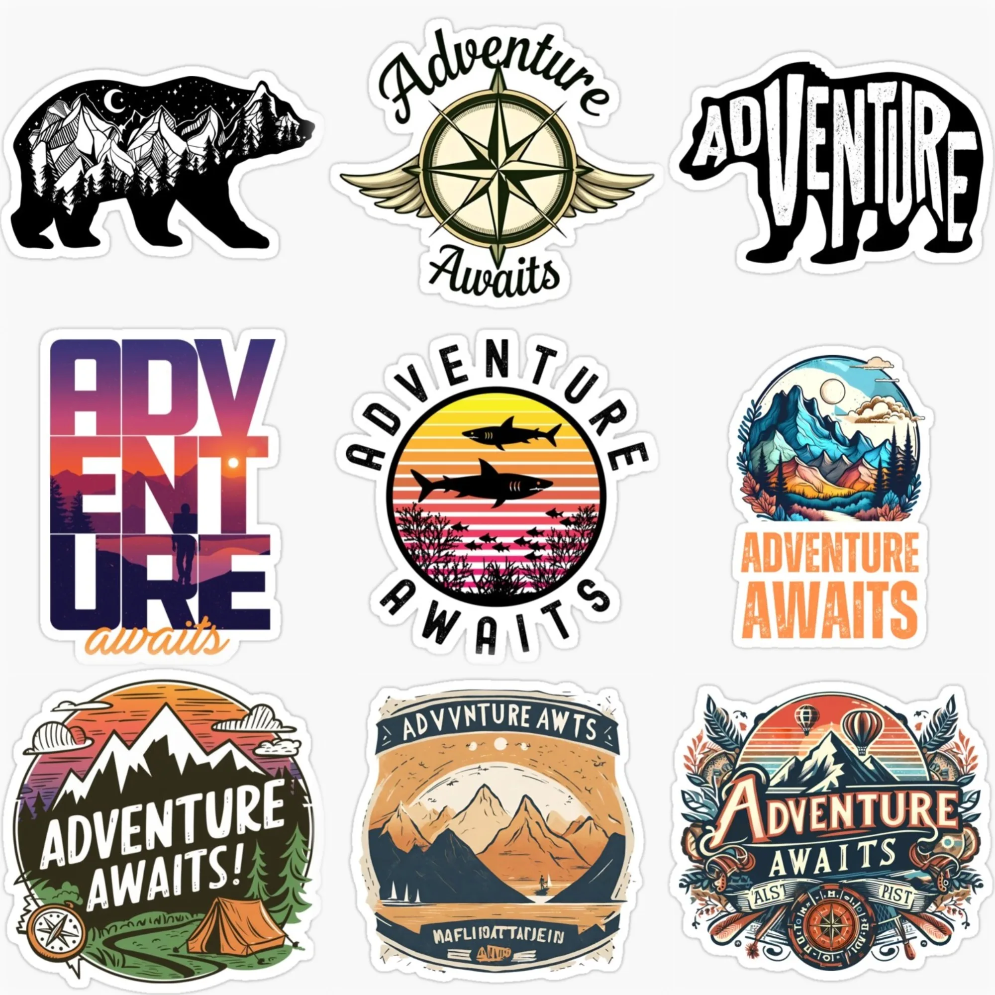 

Наклейки для автомобиля Adventure Awaits для путешествий, кемпинга, фургона, велосипеда, внедорожного мотоциклетного шлема, бампера, креативные аксессуары для наклеек из ПВХ