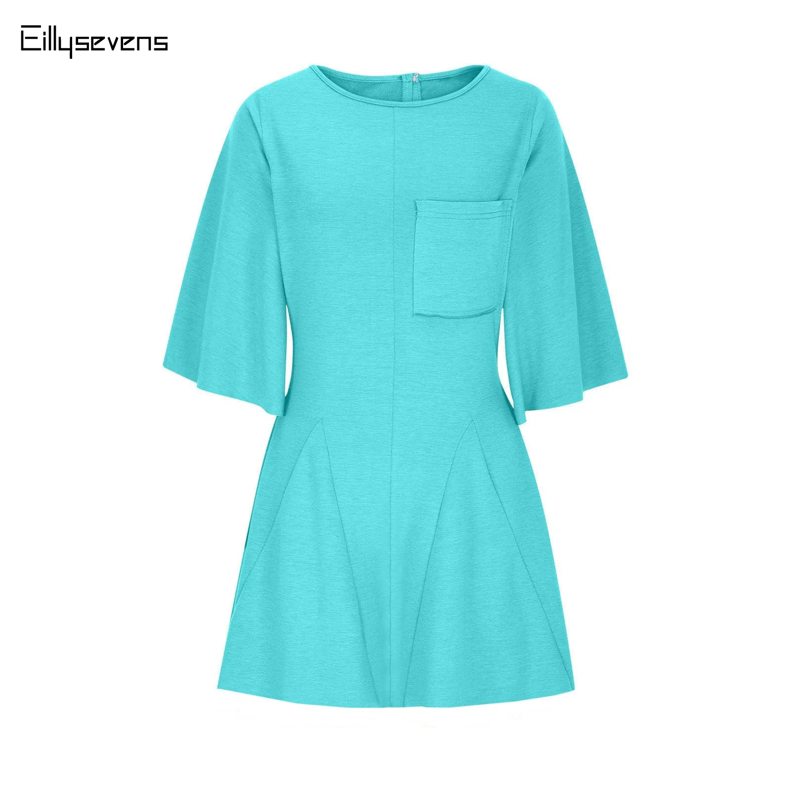 Fashion Ladies Dresses 2024 New Summer Solid Color V Neck Loose Short Sleeve Pocket Mini Dress Casual Loose Robe Femme