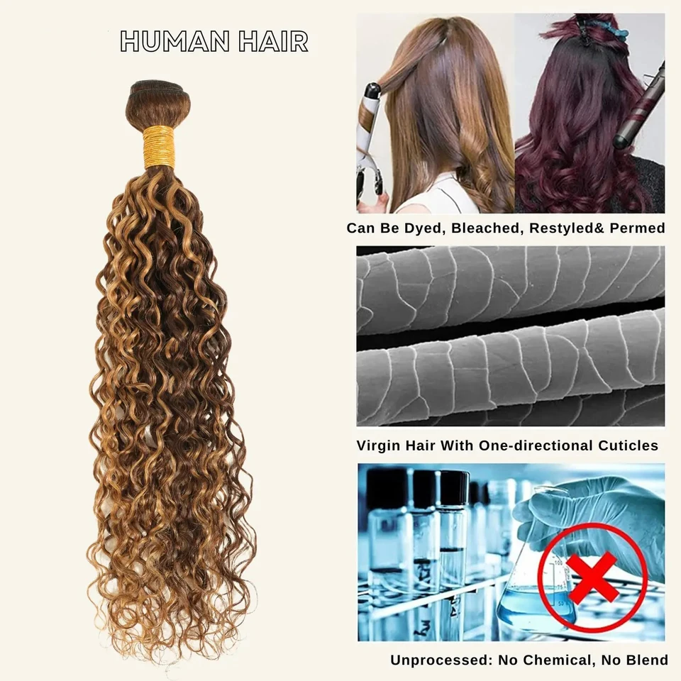Paquete de cabello ondulado profundo con reflejos rubio miel, de 22 pulgadas, P4/27 ombre, mojado y ondulado, color marrón con reflejos 5