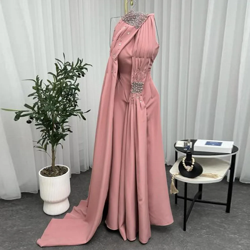 Customized Rhinestone One Shoulder Evening Dresses with Cape Beaded Pleat فساتين سهرات Satin Arabic Dubai Formal Gown