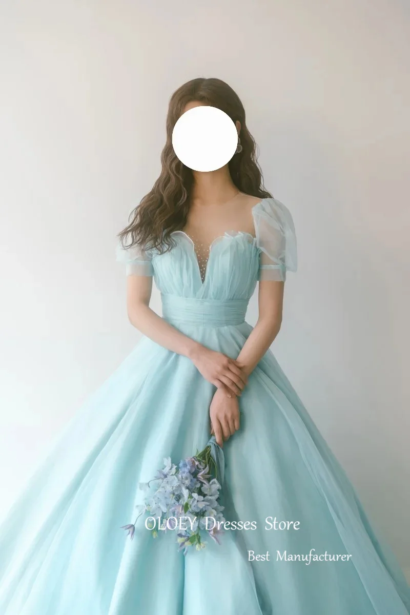 OLOEY-Vestidos de Noche de tul de hadas, línea A, Corea, sesión de fotos de boda, mangas cortas abullonadas, fiesta de princesa, vestidos de novia, corsé trasero