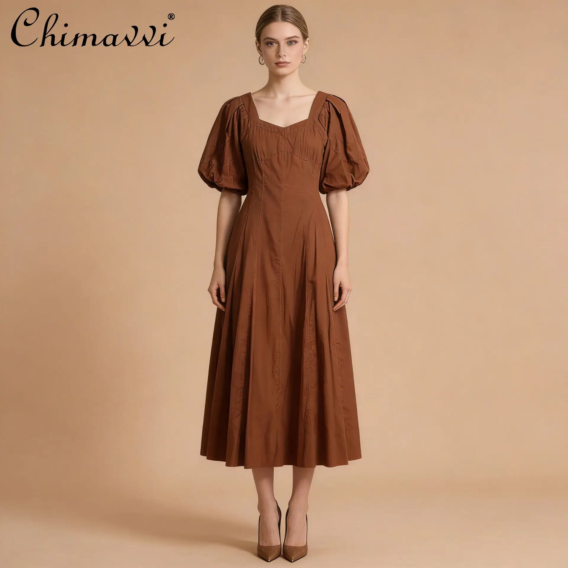 

French Elegant Temperament Square Neck Bubble Sleeve High Waist Slim A-line Simple Casual White Long Dress For Women 2026 Spring