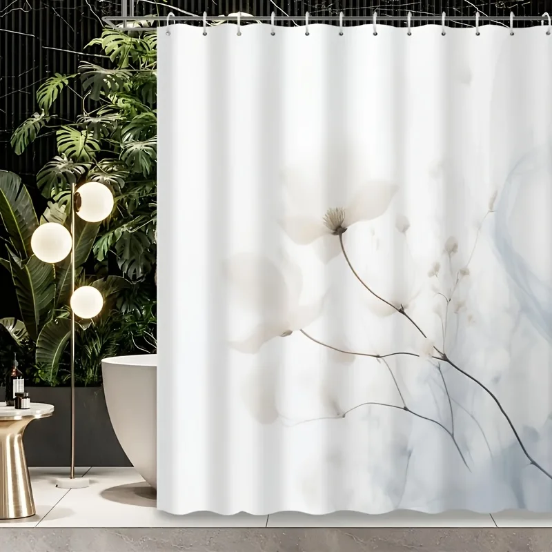 1 piece high quality white floral print shower curtain, polyester, machine washable, hook included, elegant bathroom decoration