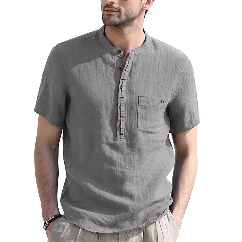 GZBC-Men's Henry Collar Solid Color Short Sleeve Shirt Men's Cotton and Linen Shirt Wholesale Supply