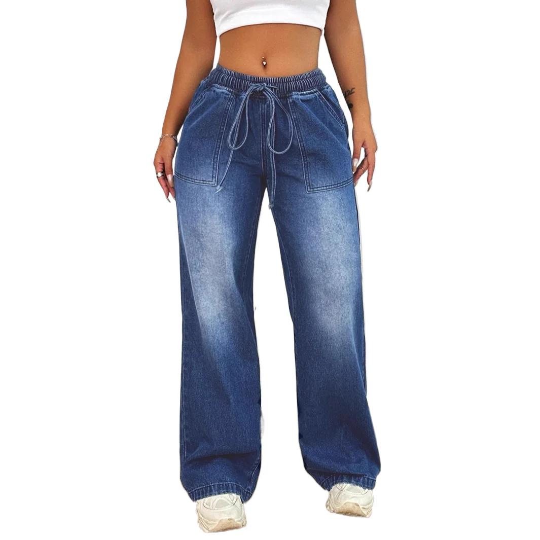 

Женские эластичные широкие джинсы с высокой талией весна-осень 202. Новые модные и повседневные прямые джинсы на шнуровке для женщин