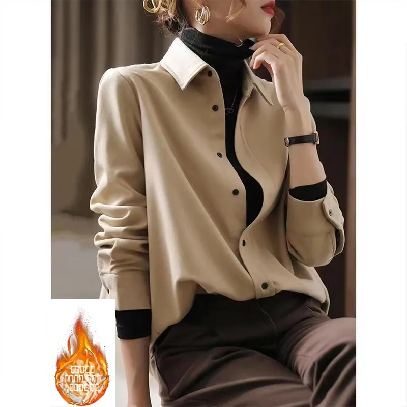 

Thiened Fce Women's irt Long Sve Layering Busin Commute Sle Korean Loose Fit Button Detail Brued Fini