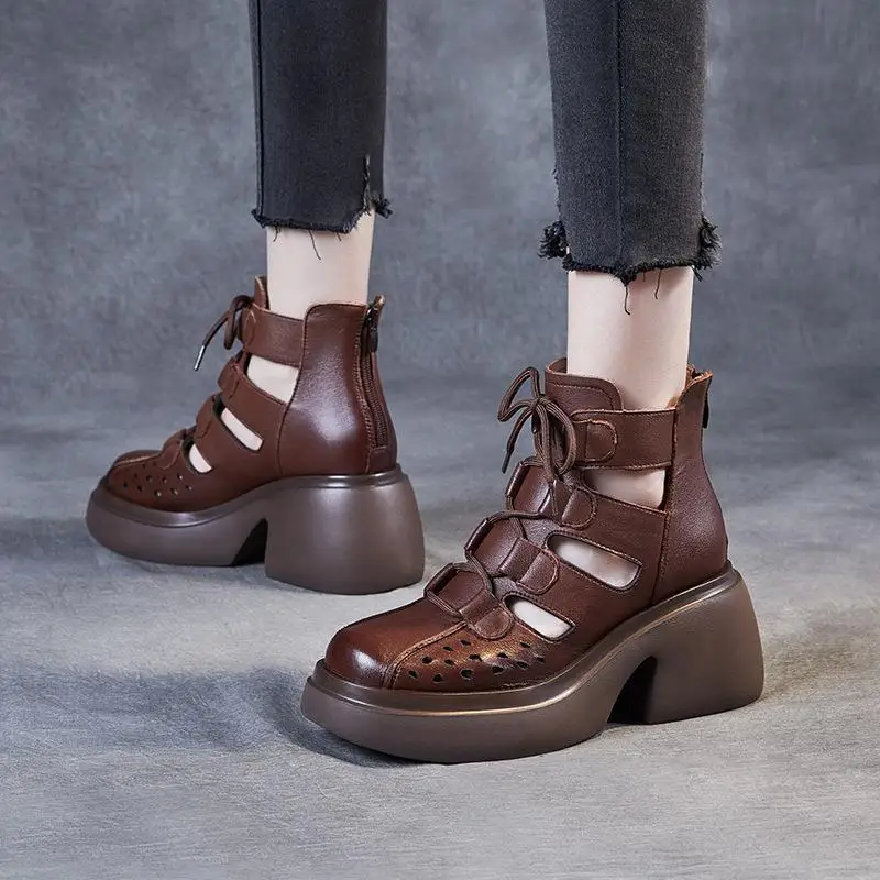 

Women's Roman Net Boots Hollow out Thick Bottom Sandals Casual Style Flat Heel Cowhide Leather Summer Shoes Flat Bottom