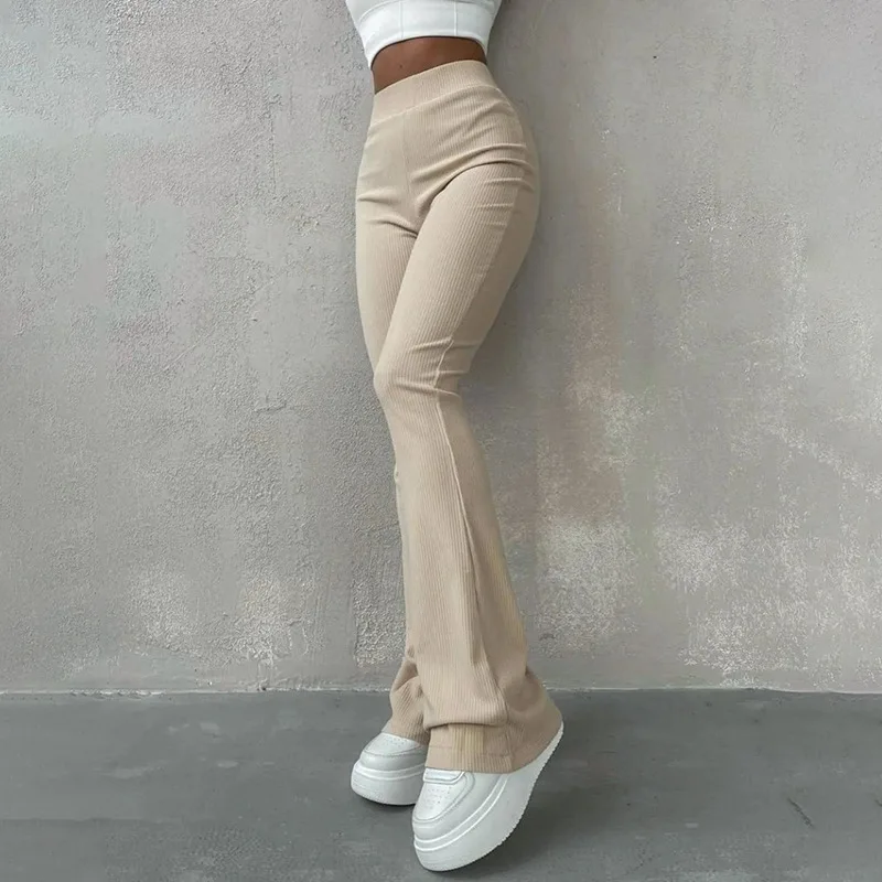 

Flare Wide Leg Pants Women Elastic High Waist Skinny Drop Knitted Pants Girl Youth Vertical Striped Apricot Trousers Streetwear