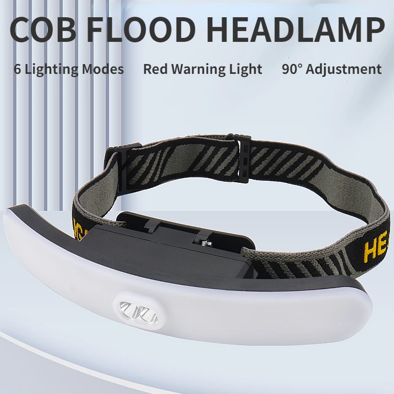 

COB Flood Headlamp USB Rechargeable Super Bright LED Flashlight 6 Modes Red Warning Light Outdoor Waterproof Emergency Work Lamp