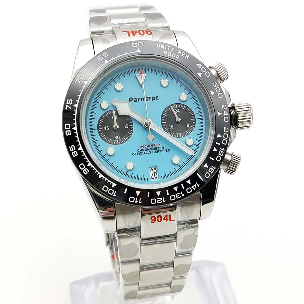 Parnsrpe - ساعة كوارتز رياضية كاجوال للرجال، حركة Vk64، زجاج ياقوتي، قرص أزرق معقم بتقويم