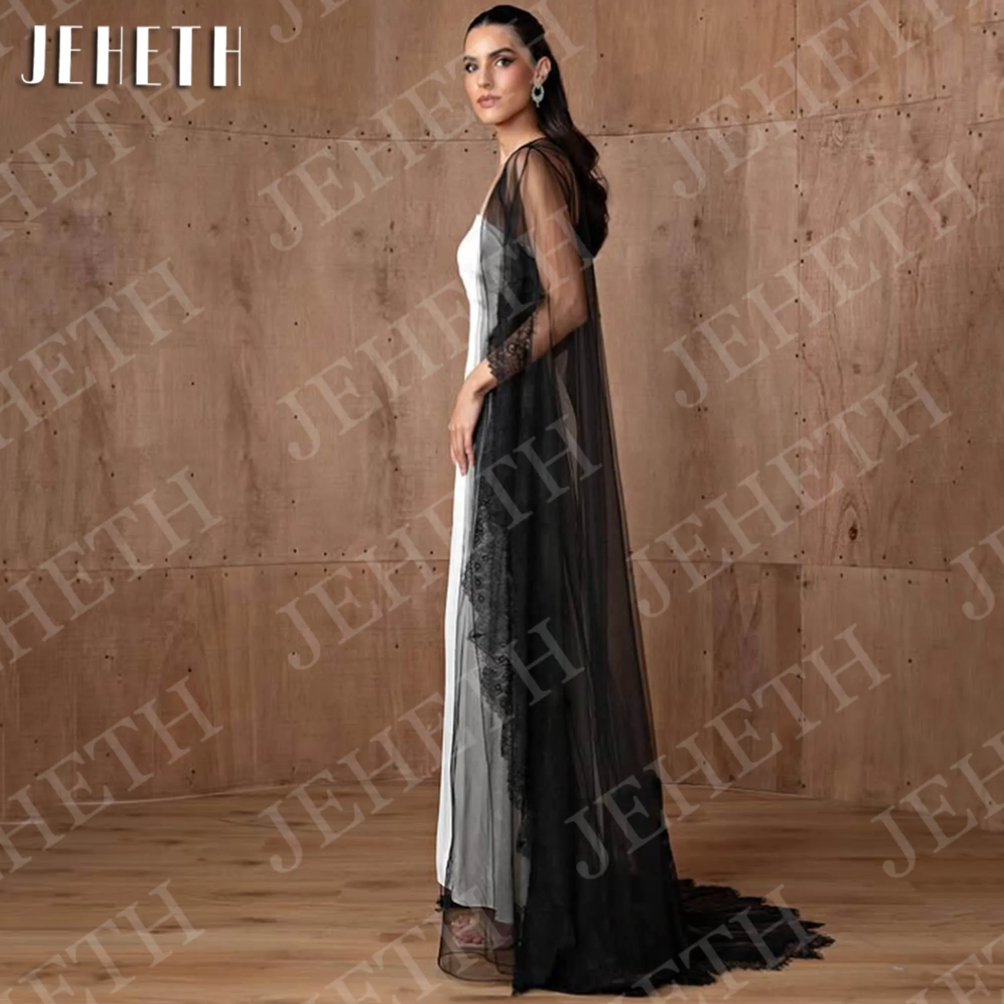 JEHETH Abiti da sera dell'Arabia Saudita eleganti con mantella in tulle nero Abito da festa formale a sirena senza spalline Personalizzato Arabia Saudita Abiti da sera Elegante con Nero Tulle Cape formale senza spallin