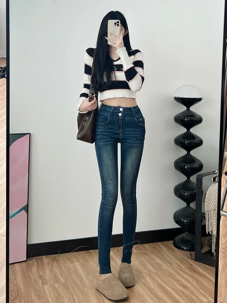 

High Waist Slim Fit Jeans Women's Korean Sle Double Bule Design Plump Hips Versatile Nine Point Ankle Length Pants