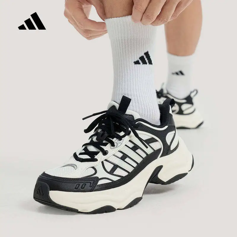 Adidas KJ9521 Unisex Retro Chunky Dad Shoes Black Off White Metallic Silver Breathable Casual Sneakers