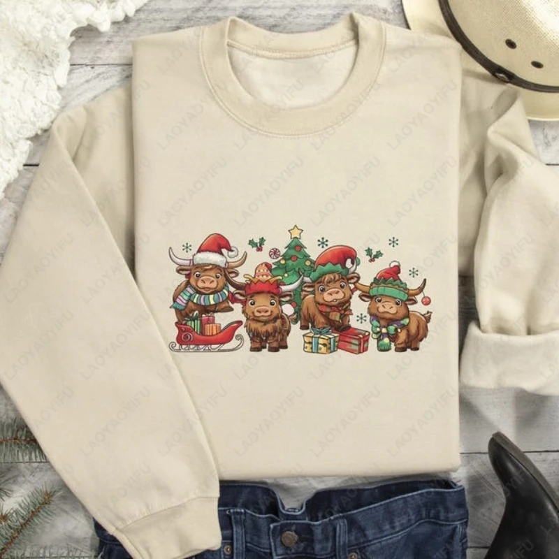 

Рождественская корова, мужская и женская толстовка, забавный праздничный подарок для любителей животных, пуловер с круглым вырезом, милый Kawaii Harajuku Navidad, термотолстовка