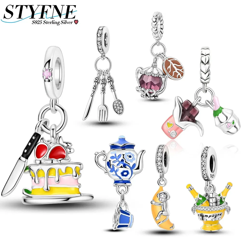 

Стерлингового Серебра 925, винтажный синий и белый фарфоровый чайник, чашка для чая, подвеска из бисера, подходит для оригинального браслета, ювелирного изделия, подарок