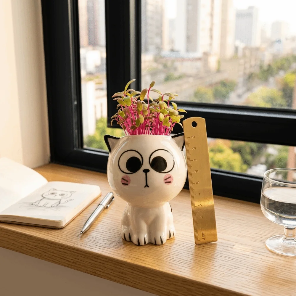 Cartoon Cute Design Ceramic Flowerpot Lovely Face Desktop Ornaments Cat Flower Pot Decoration Mini Plants Pot Desktop Use