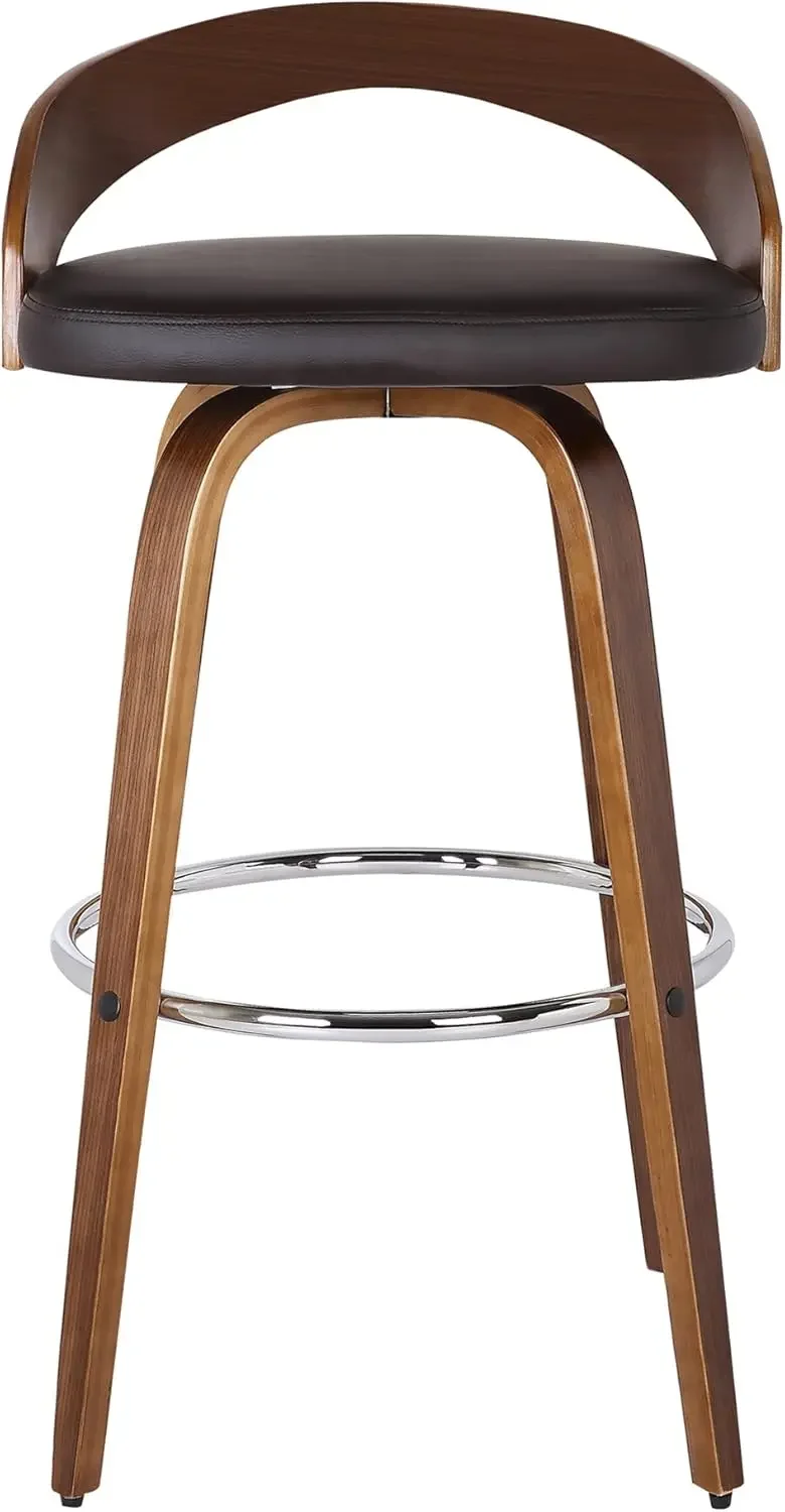 Armen Living Sonia 26" Seat Height Mid Century Modern Swivel Bar Stool for Kitchen Island Counter in Brown Faux Leather and Waln