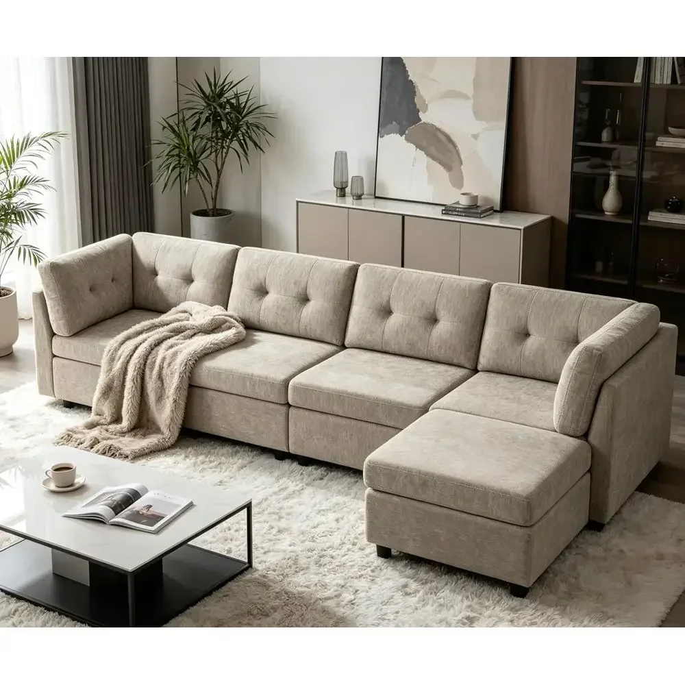4 Seater Chenille Sofa with Ottomans, 118 Sectional for Living Room and Bedroom, Camel Color