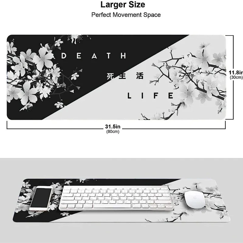 Large Mouse Pad Black and White Cherry Blossom Mousepad Non-Slip Extended Desk Pad E-Sports Gamer Mice Mats Rubber Keyboard Pads