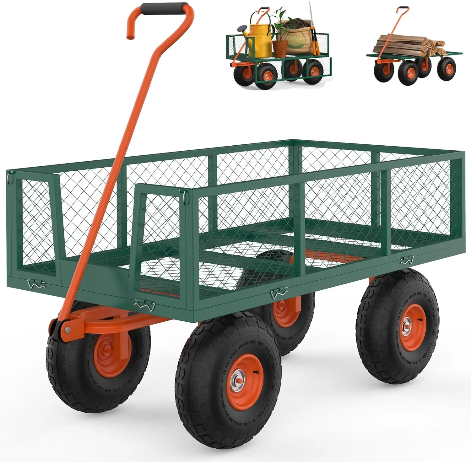 

Steel Garden Cart, 500 LBS, 3 in-1 Folding Utility Wagon with Removable Sides, 10 in Tires, 180° Rotating Handle for Outdoor, Fa