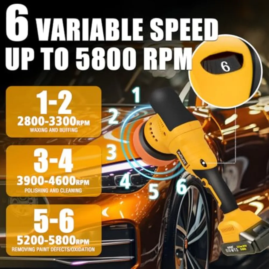 ملمع عازل للسيارة اللاسلكي مع بطاريات 2 × 2000 مللي أمبير في الساعة 21 فولت وتصميم مداري عشوائي مقاس 5 بوصات لتفاصيل السيارات من الدرجة الاحترافية #6