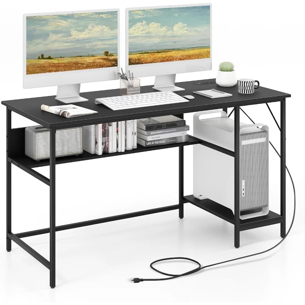 

55 Inch Computer Desk with Power Outlets & USB Ports, Home Office Desk with Built in Charging Station with Switch, Comp